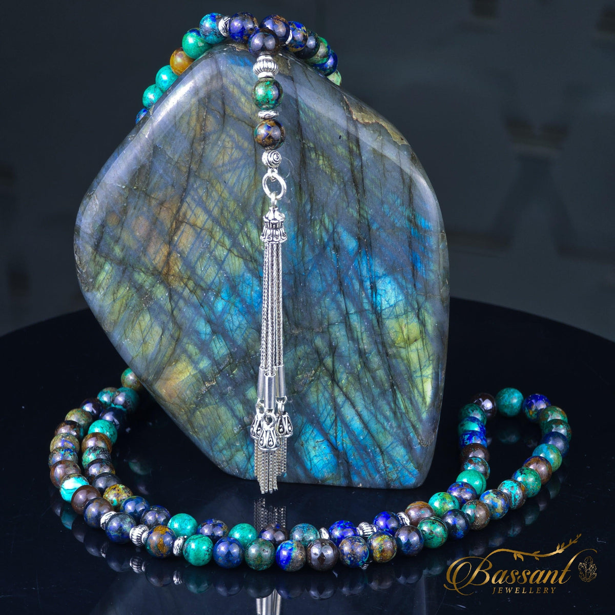 سبحة حجر كريم الأزوريت | أحجار كريمة و فضة عيار ٩٢٥ | Azurite gemstone Islamic prayer beads - Silver 925 | Bassant Jewellery