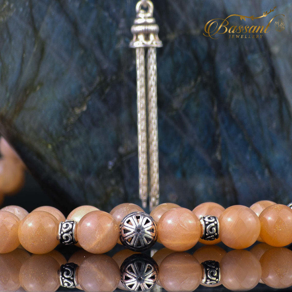 سبحة حجر كريم حجر الشمس | أحجار كريمة و فضة عيار ٩٢٥ | Sunstone gemstone Islamic prayer beads - Silver 925 | Bassant Jewellery
