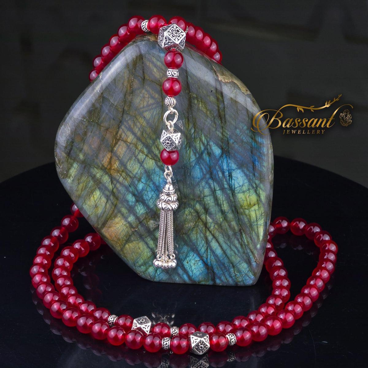 سبحة حجر كريم العقيق الأحمر | أحجار كريمة و فضة عيار ٩٢٥ | Red Agate gemstone Islamic prayer beads - Silver 925 | Bassant Jewellery