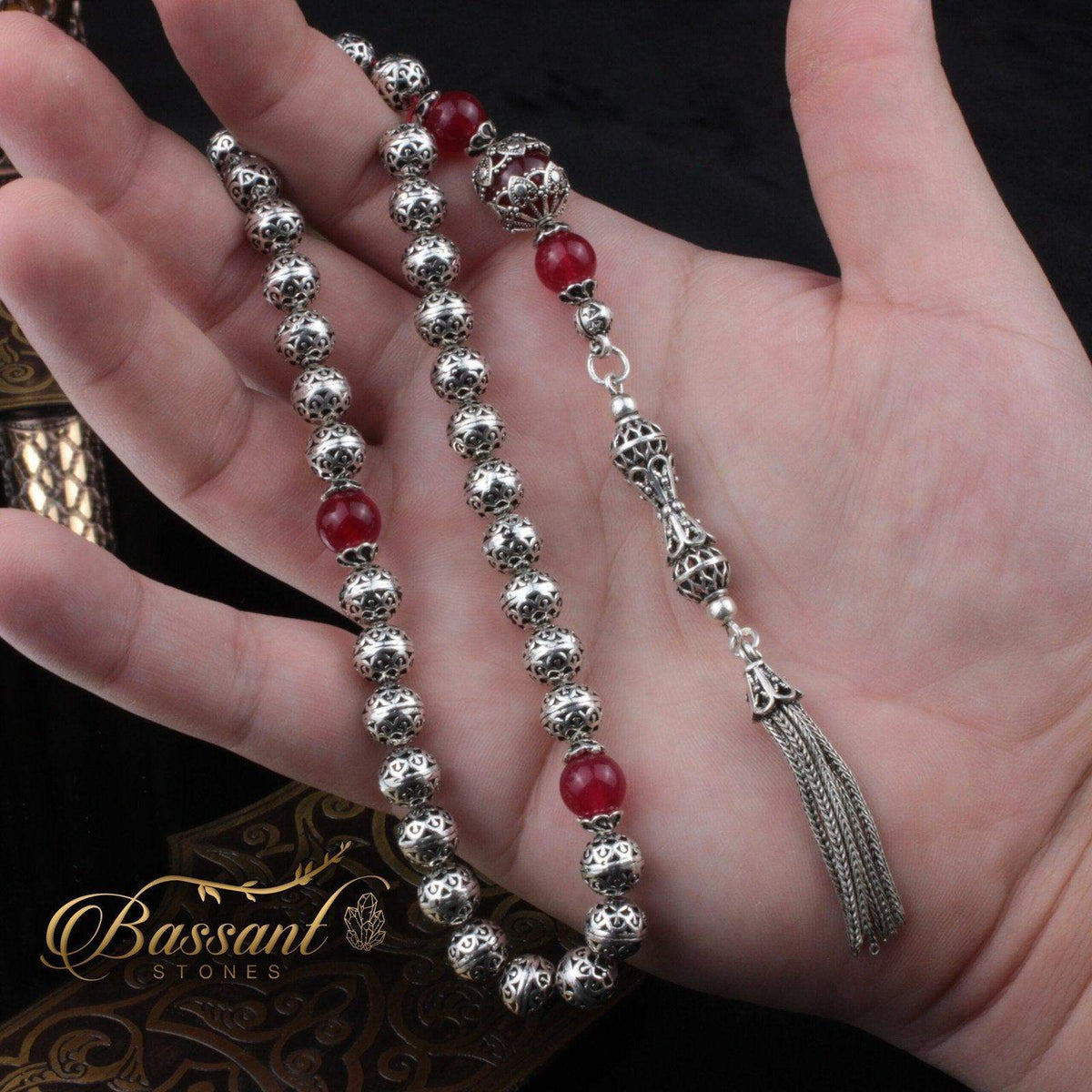 سبحة حجر كريم الفضة واليشم | أحجار كريمة و فضة عيار ٩٢٥ | Silver & Jade gemstone Islamic prayer beads - Silver 925 | Bassant Jewellery