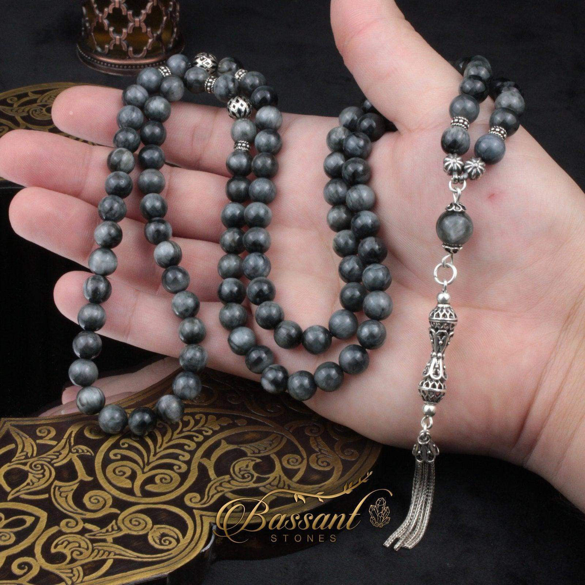 سبحة حجر كريم عين النسر | أحجار كريمة و فضة عيار ٩٢٥ | Eagle Eye gemstone Islamic prayer beads - Silver 925 | Bassant Jewellery