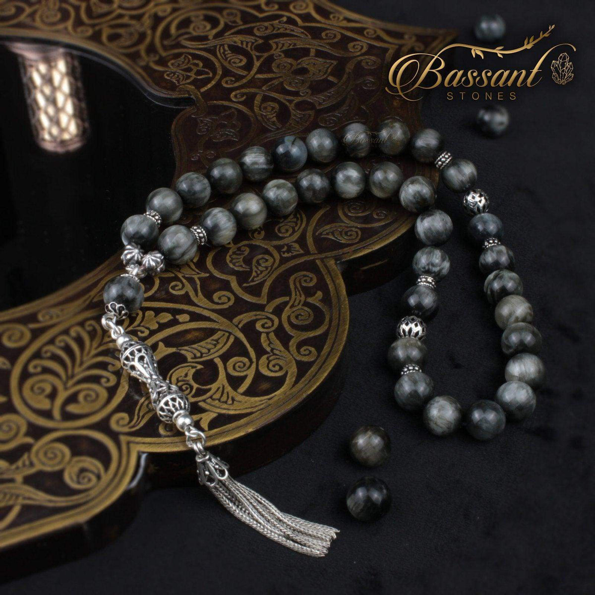 سبحة حجر كريم عين النسر | أحجار كريمة و فضة عيار ٩٢٥ | Eagle Eye gemstone Islamic prayer beads - Silver 925 | Bassant Jewellery