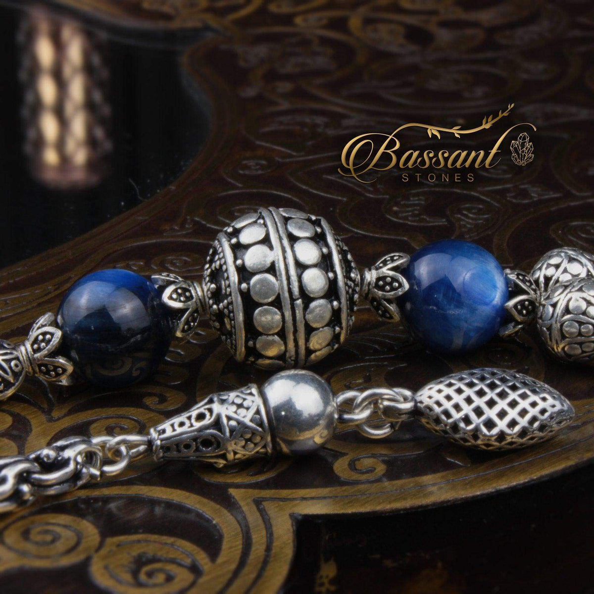 سبحة حجر كريم الفضة والكيانيت | أحجار كريمة و فضة عيار ٩٢٥ | Silver & Kyanite gemstone Islamic prayer beads - Silver 925 | Bassant Jewellery
