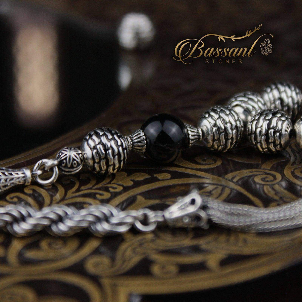 سبحة حجر كريم الفضة والأونكس | أحجار كريمة و فضة عيار ٩٢٥ | Silver & Onyx gemstone Islamic prayer beads - Silver 925 | Bassant Jewellery