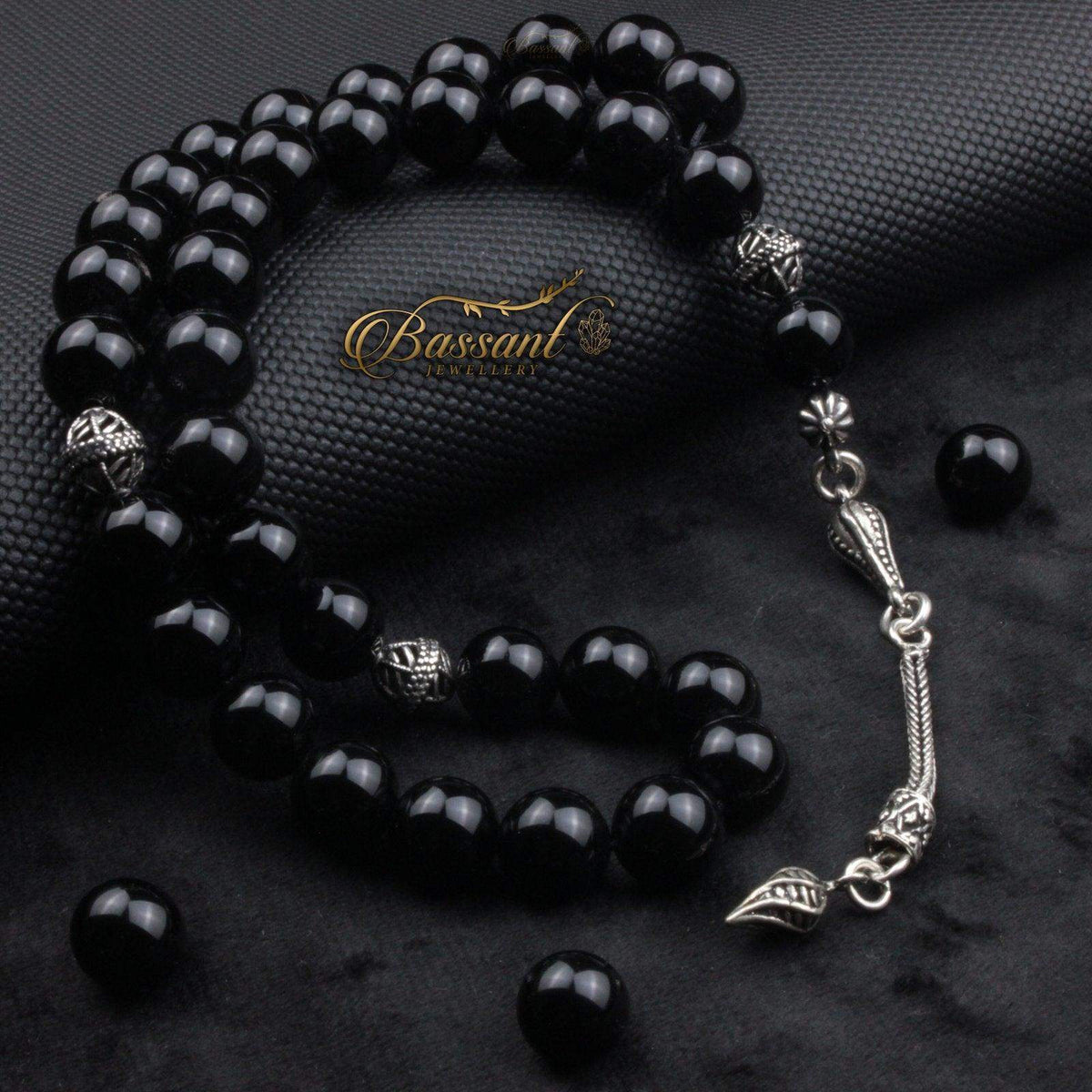 سبحة حجر كريم العقيق الأسود أونكس | أحجار كريمة و فضة عيار ٩٢٥ | Black Agate - Onyx gemstone Islamic prayer beads - Silver 925 | Bassant Jewellery