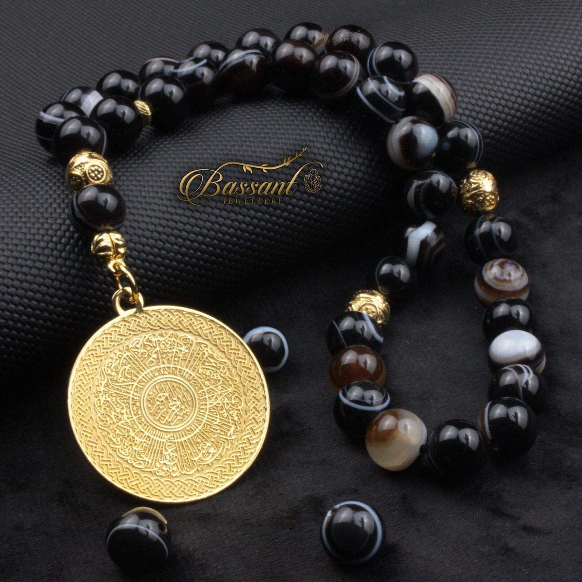 سبحة حجر كريم العقيق السليماني | أحجار كريمة و فضة عيار ٩٢٥ | Suleiman Agate gemstone Islamic prayer beads - Silver 925 | Bassant Jewellery
