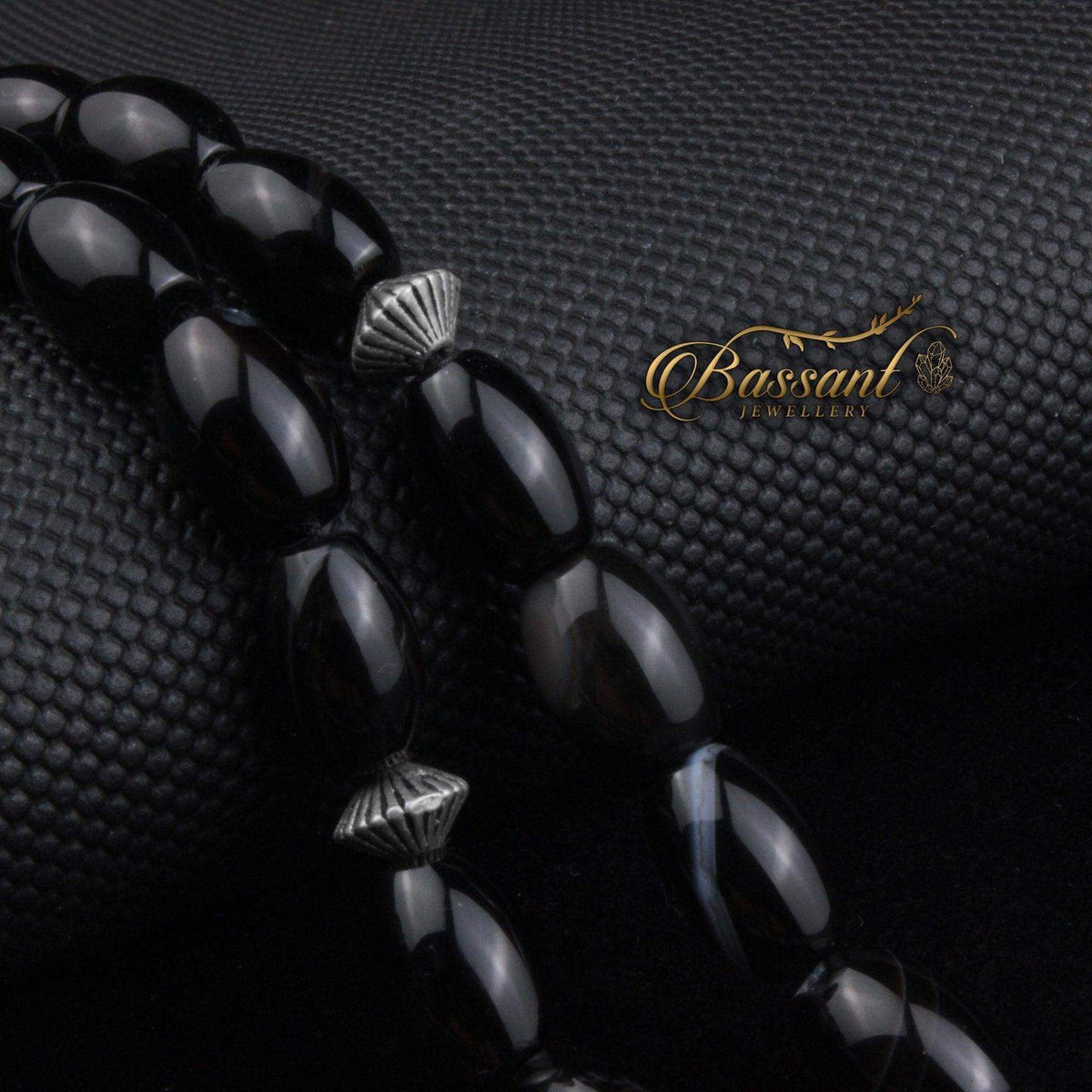 سبحة حجر كريم العقيق السليماني | أحجار كريمة و فضة عيار ٩٢٥ | Suleiman Agate gemstone Islamic prayer beads - Silver 925 | Bassant Jewellery