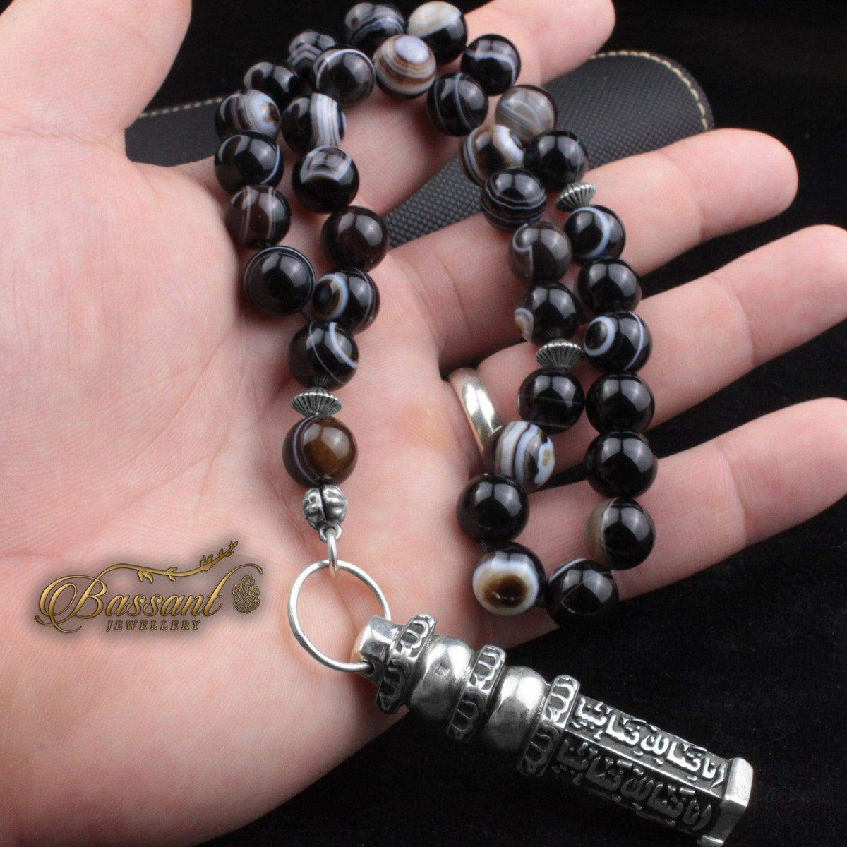 سبحة حجر كريم العقيق السليماني | أحجار كريمة و فضة عيار ٩٢٥ | Suleiman Agate gemstone Islamic prayer beads - Silver 925 | Bassant Jewellery