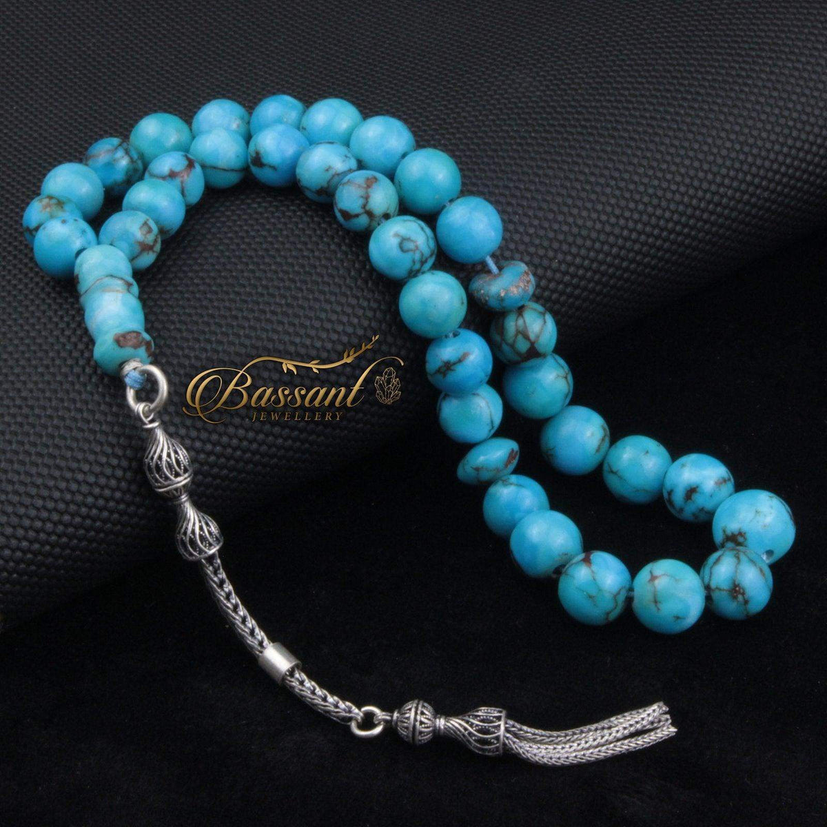 سبحة حجر كريم فيروز سيناء | أحجار كريمة و فضة عيار ٩٢٥ | Sinai Turquoise gemstone Islamic prayer beads - Silver 925 | Bassant Jewellery