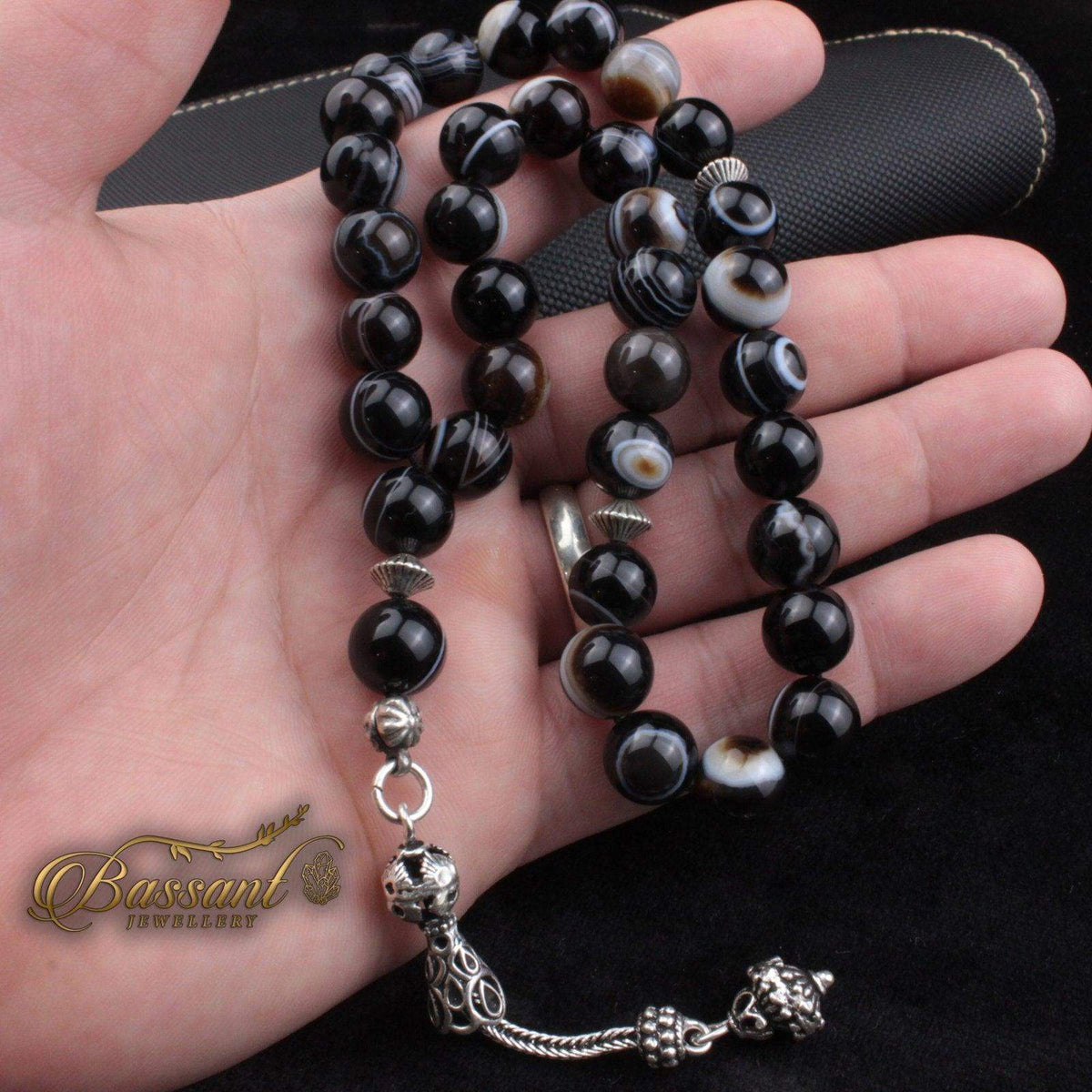 سبحة حجر كريم العقيق السليماني | أحجار كريمة و فضة عيار ٩٢٥ | Suleiman Agate gemstone Islamic prayer beads - Silver 925 | Bassant Jewellery