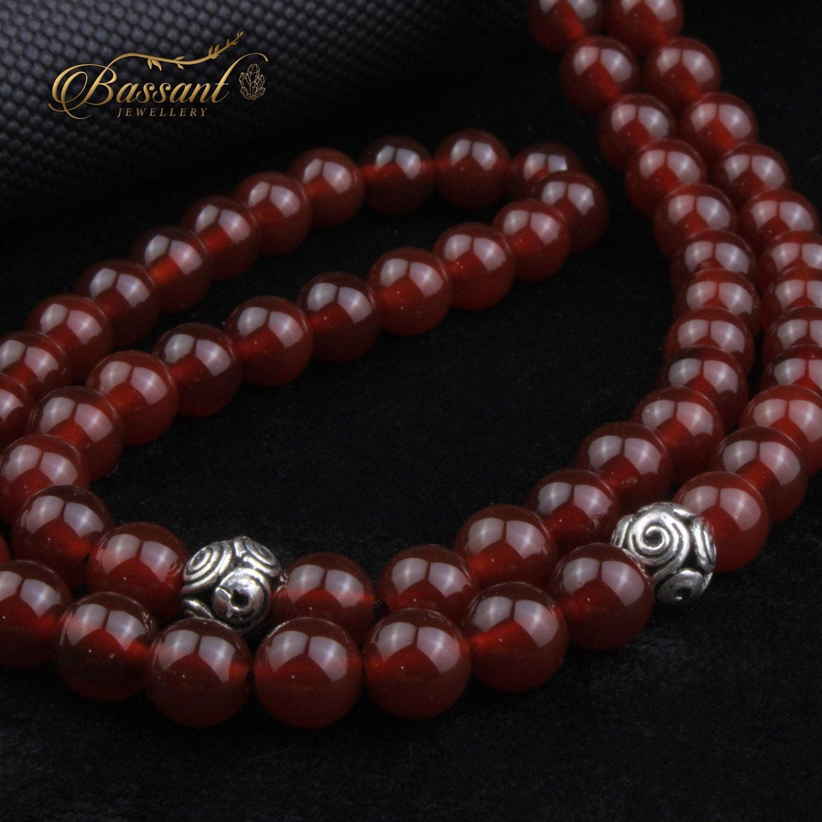 سبحة حجر كريم العقيق الأحمر | أحجار كريمة و فضة عيار ٩٢٥ | Red Agate gemstone Islamic prayer beads - Silver 925 | Bassant Jewellery