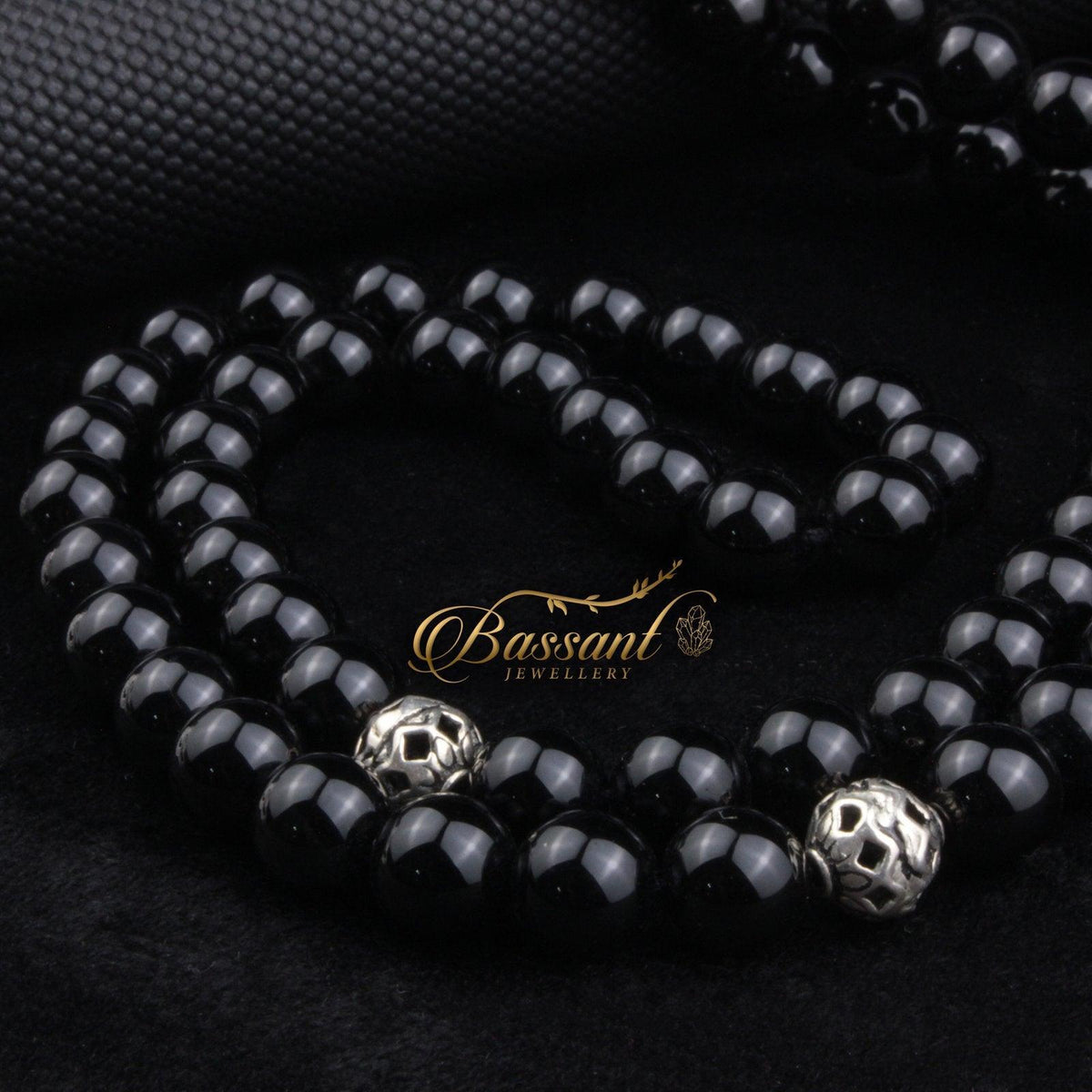 سبحة حجر كريم العقيق الأسود أونكس | أحجار كريمة و فضة عيار ٩٢٥ | Black Agate - Onyx gemstone Islamic prayer beads - Silver 925 | Bassant Jewellery