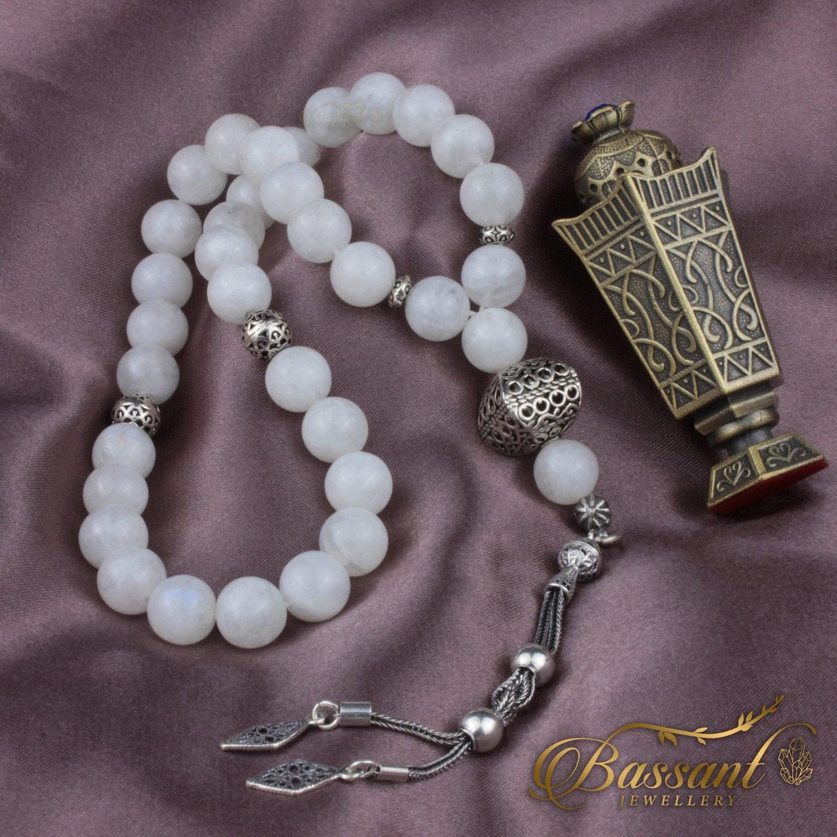 سبحة حجر كريم حجر القمر قوس قزح | أحجار كريمة و فضة عيار ٩٢٥ | Rainbow Moonstone gemstone Islamic prayer beads - Silver 925 | Bassant Jewellery