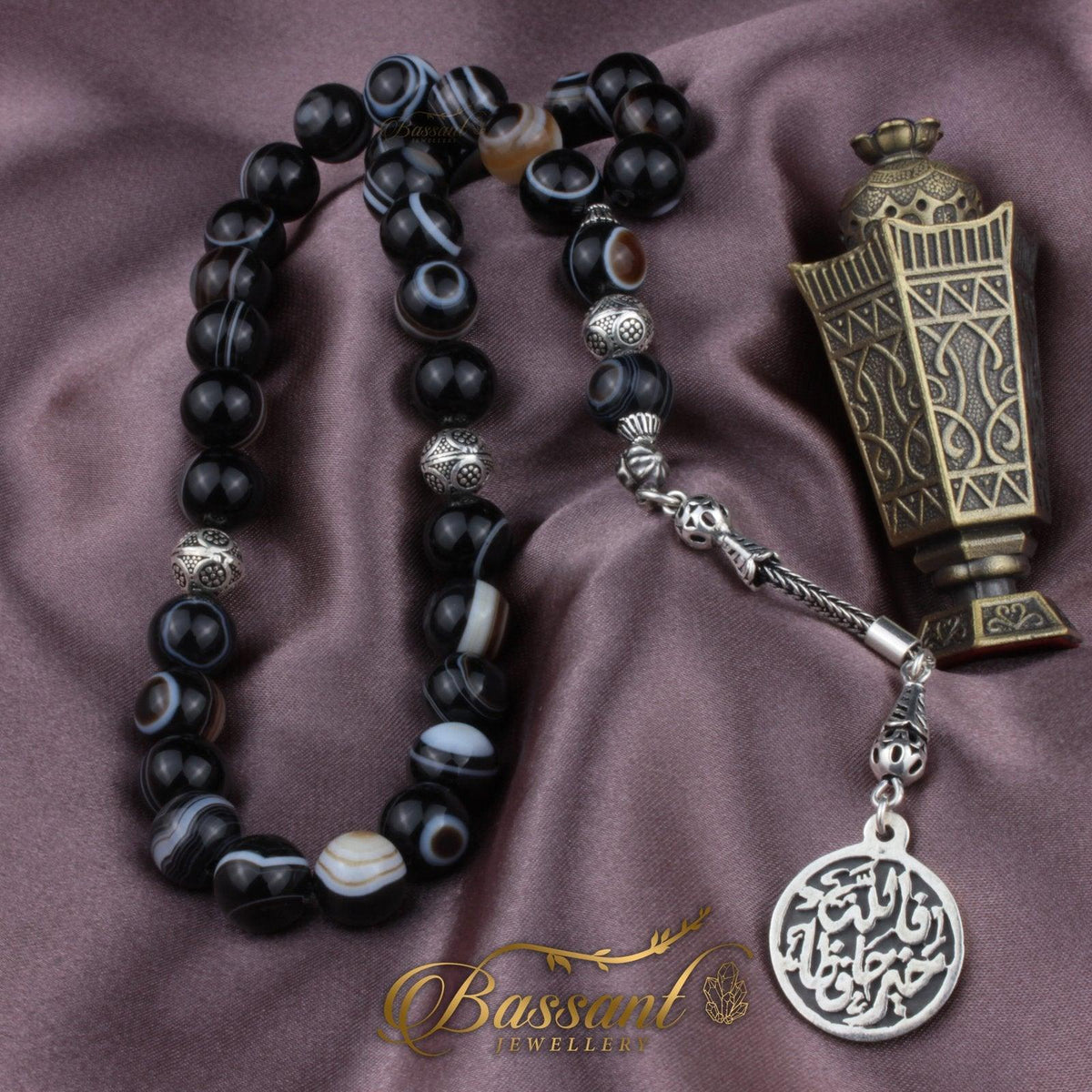 سبحة حجر كريم العقيق السليماني | أحجار كريمة و فضة عيار ٩٢٥ | Suleiman Agate gemstone Islamic prayer beads - Silver 925 | Bassant Jewellery