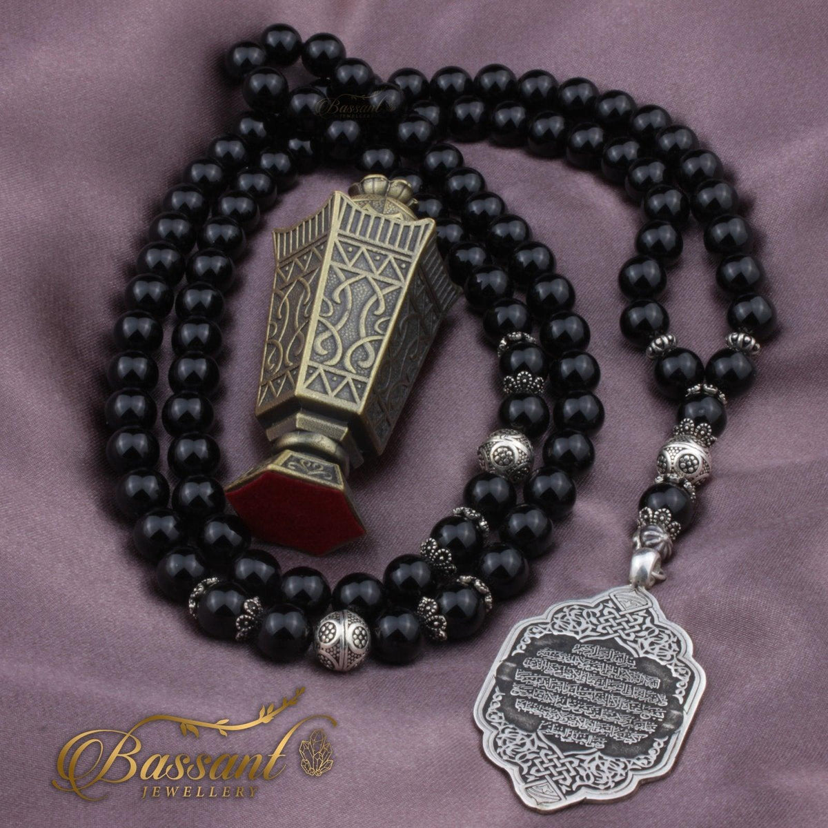 سبحة حجر كريم العقيق الأسود أونكس | أحجار كريمة و فضة عيار ٩٢٥ | Black Agate - Onyx gemstone Islamic prayer beads - Silver 925 | Bassant Jewellery