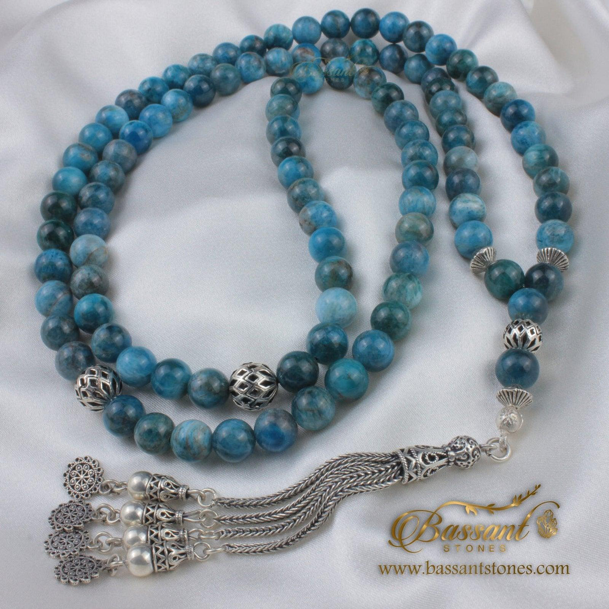 سبحة حجر كريم الأباتيت | أحجار كريمة و فضة عيار ٩٢٥ | Apatite gemstone Islamic prayer beads - Silver 925 | Bassant Jewellery