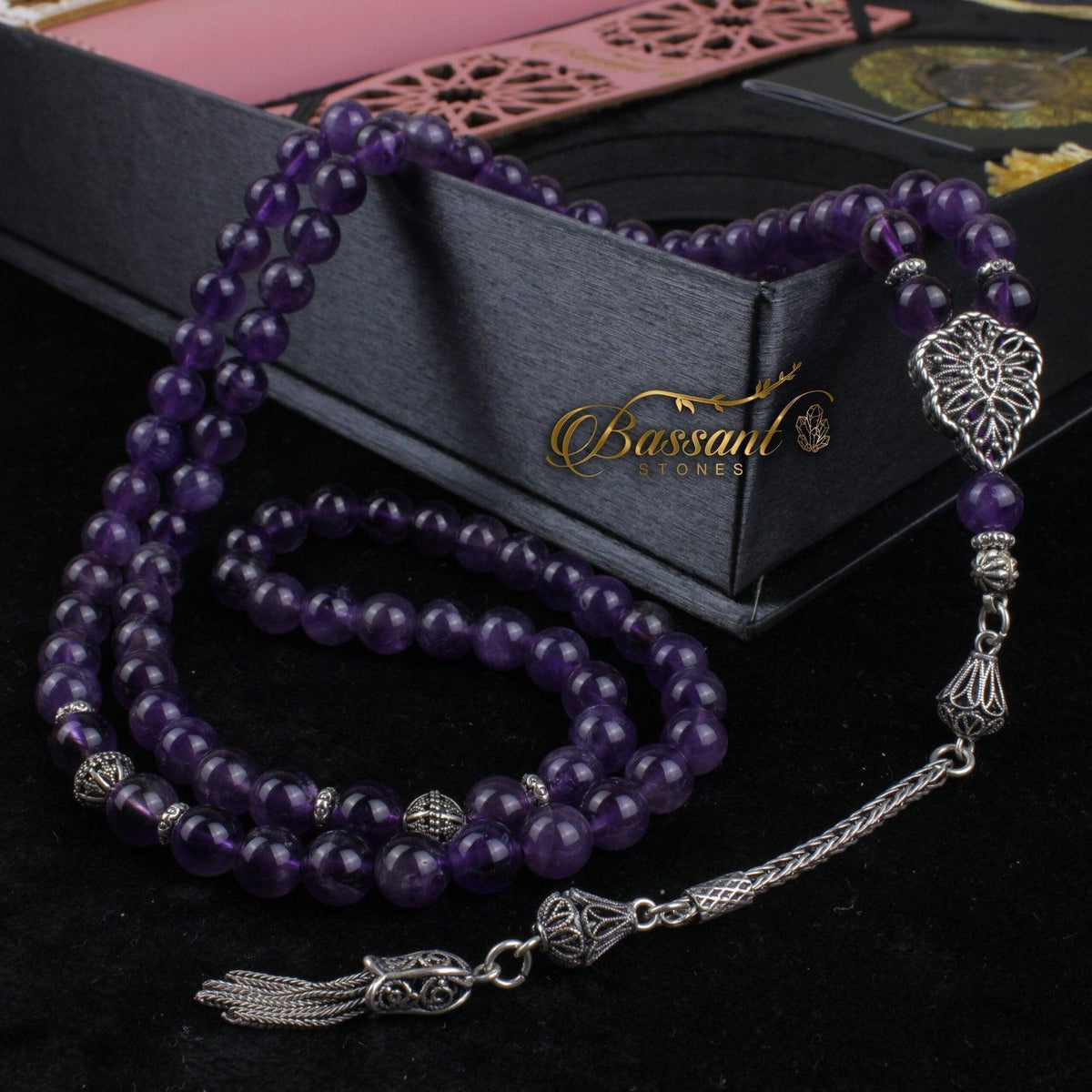 سبحة حجر كريم الأميثيست | أحجار كريمة و فضة عيار ٩٢٥ | Amethyst gemstone Islamic prayer beads - Silver 925 | Bassant Jewellery