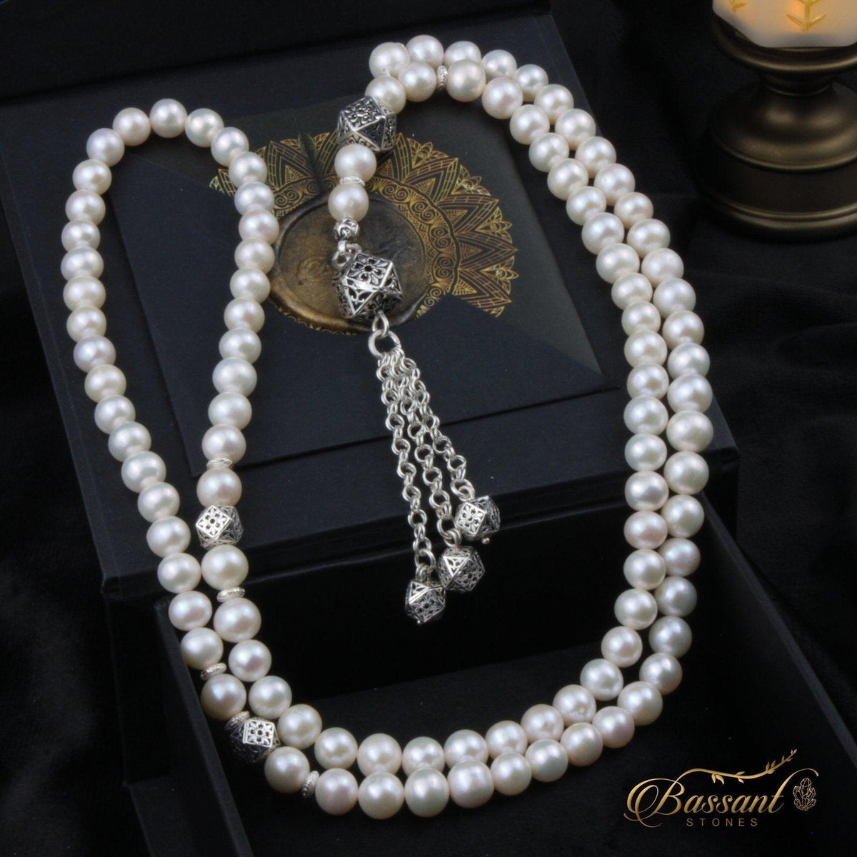سبحة حجر كريم اللؤلؤ | أحجار كريمة و فضة عيار ٩٢٥ | Pearl gemstone Islamic prayer beads - Silver 925 | Bassant Jewellery
