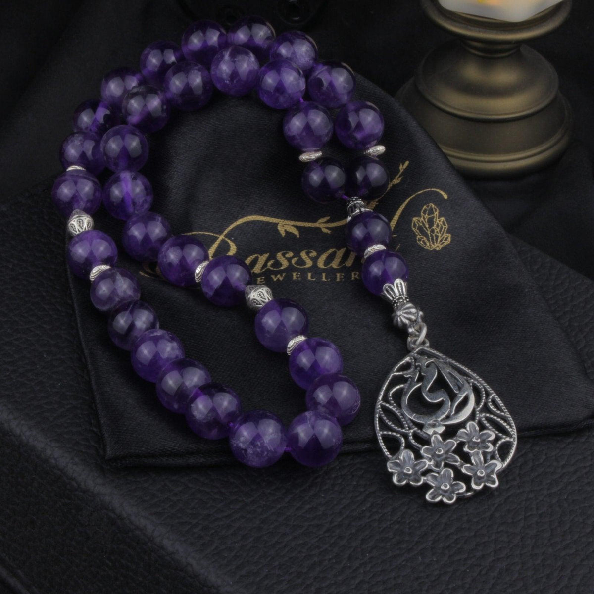سبحة حجر كريم الأميثيست | أحجار كريمة و فضة عيار ٩٢٥ | Amethyst gemstone Islamic prayer beads - Silver 925 | Bassant Jewellery