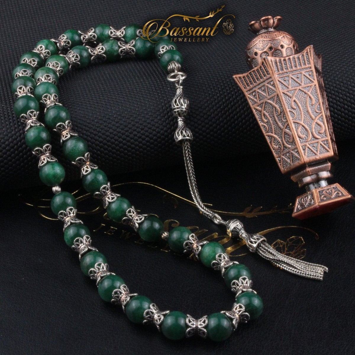 سبحة حجر كريم الأباتيت الأخضر | أحجار كريمة و فضة عيار ٩٢٥ | Green Apatite gemstone Islamic prayer beads - Silver 925 | Bassant Jewellery