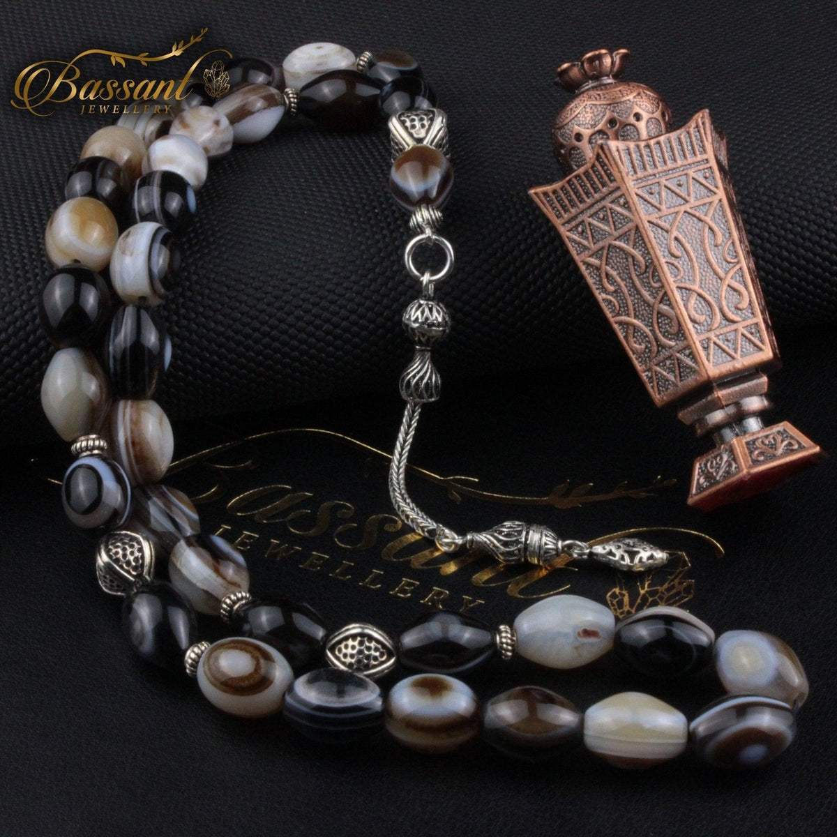 سبحة حجر كريم العقيق السليماني | أحجار كريمة و فضة عيار ٩٢٥ | Suleiman Agate gemstone Islamic prayer beads - Silver 925 | Bassant Jewellery