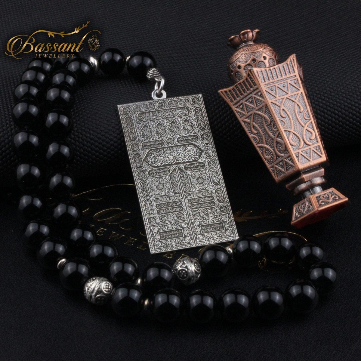 سبحة حجر كريم العقيق الأسود أونكس | أحجار كريمة و فضة عيار ٩٢٥ | Black Agate - Onyx gemstone Islamic prayer beads - Silver 925 | Bassant Jewellery