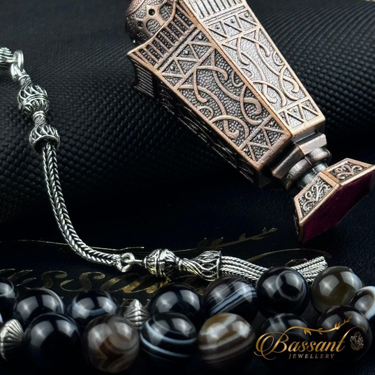 سبحة حجر كريم العقيق السليماني | أحجار كريمة و فضة عيار ٩٢٥ | Suleiman Agate gemstone Islamic prayer beads - Silver 925 | Bassant Jewellery