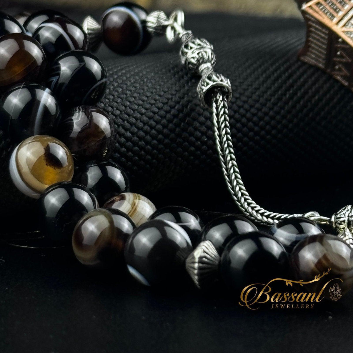 سبحة حجر كريم العقيق السليماني | أحجار كريمة و فضة عيار ٩٢٥ | Suleiman Agate gemstone Islamic prayer beads - Silver 925 | Bassant Jewellery