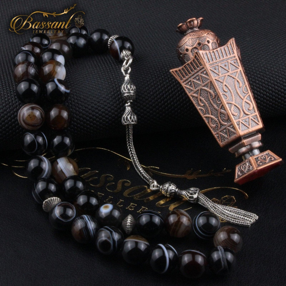 سبحة حجر كريم العقيق السليماني | أحجار كريمة و فضة عيار ٩٢٥ | Suleiman Agate gemstone Islamic prayer beads - Silver 925 | Bassant Jewellery