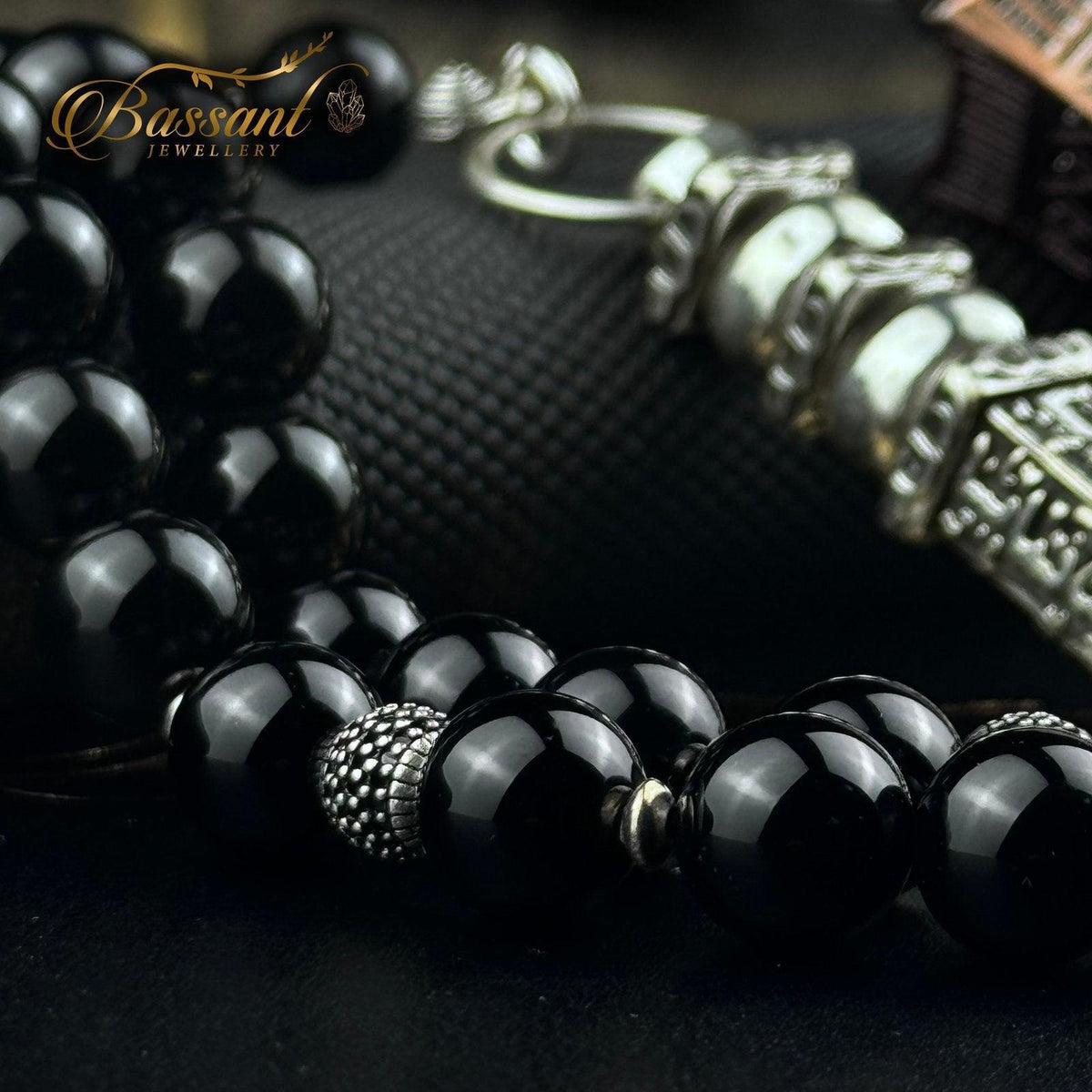 سبحة حجر كريم العقيق الأسود أونكس | أحجار كريمة و فضة عيار ٩٢٥ | Black Agate - Onyx gemstone Islamic prayer beads - Silver 925 | Bassant Jewellery