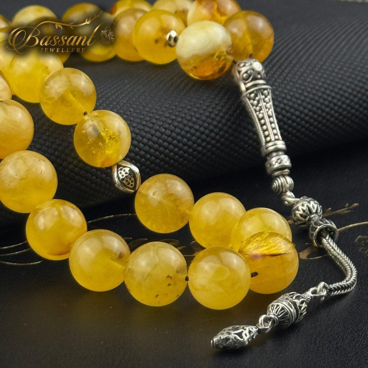 سبحة حجر كريم الكهرمان البلطيقي | أحجار كريمة و فضة عيار ٩٢٥ | Polish Baltic Amber gemstone Islamic prayer beads - Silver 925 | Bassant Jewellery