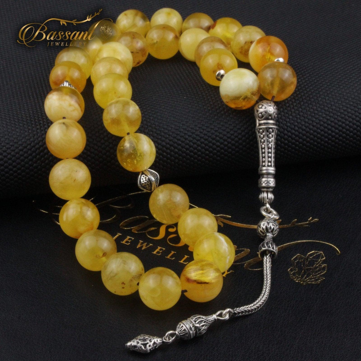 سبحة حجر كريم الكهرمان البلطيقي | أحجار كريمة و فضة عيار ٩٢٥ | Polish Baltic Amber gemstone Islamic prayer beads - Silver 925 | Bassant Jewellery