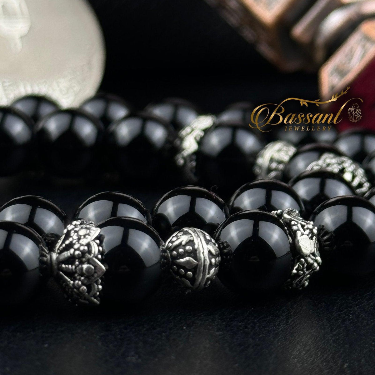 سبحة حجر كريم العقيق الأسود أونكس | أحجار كريمة و فضة عيار ٩٢٥ | Black Agate - Onyx gemstone Islamic prayer beads - Silver 925 | Bassant Jewellery