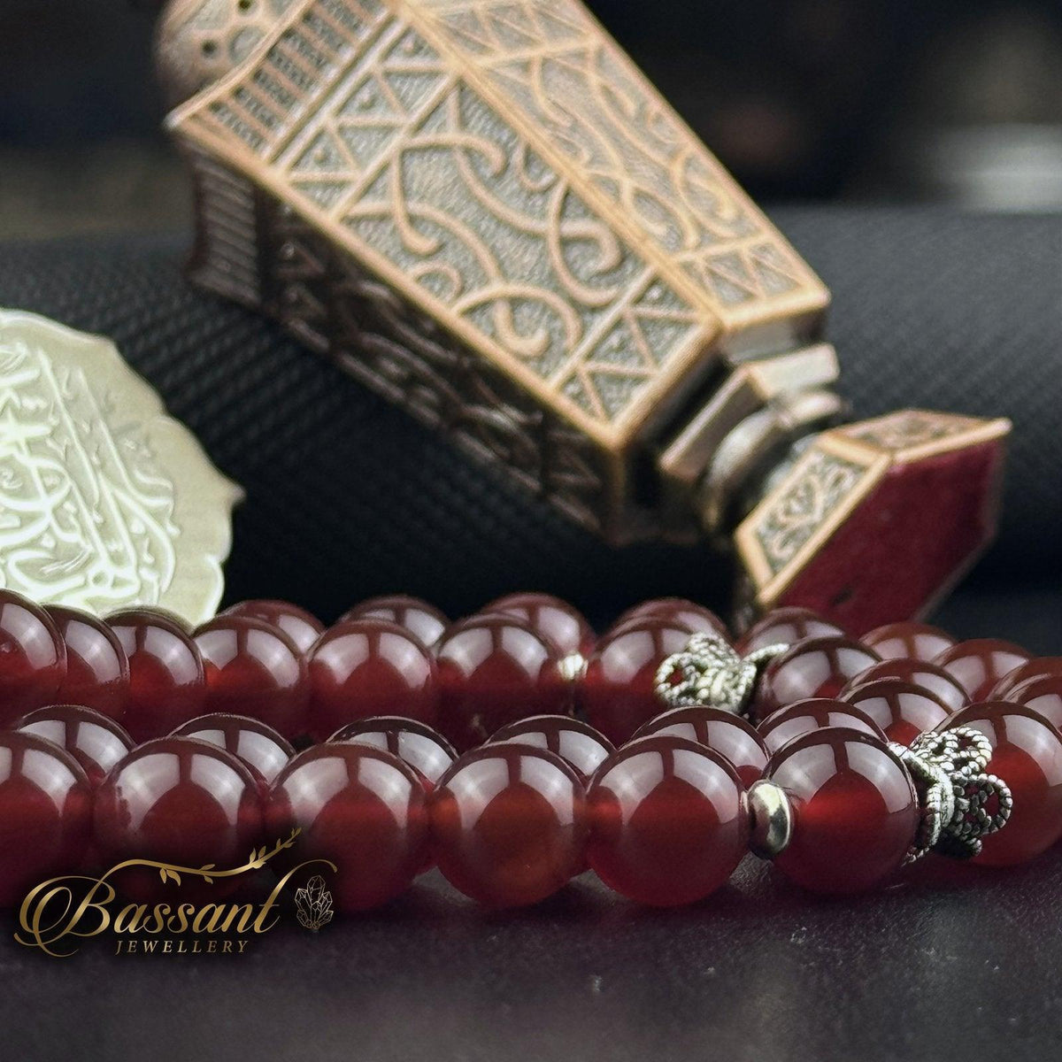 سبحة حجر كريم العقيق الأحمر | أحجار كريمة و فضة عيار ٩٢٥ | Red Agate gemstone Islamic prayer beads - Silver 925 | Bassant Jewellery