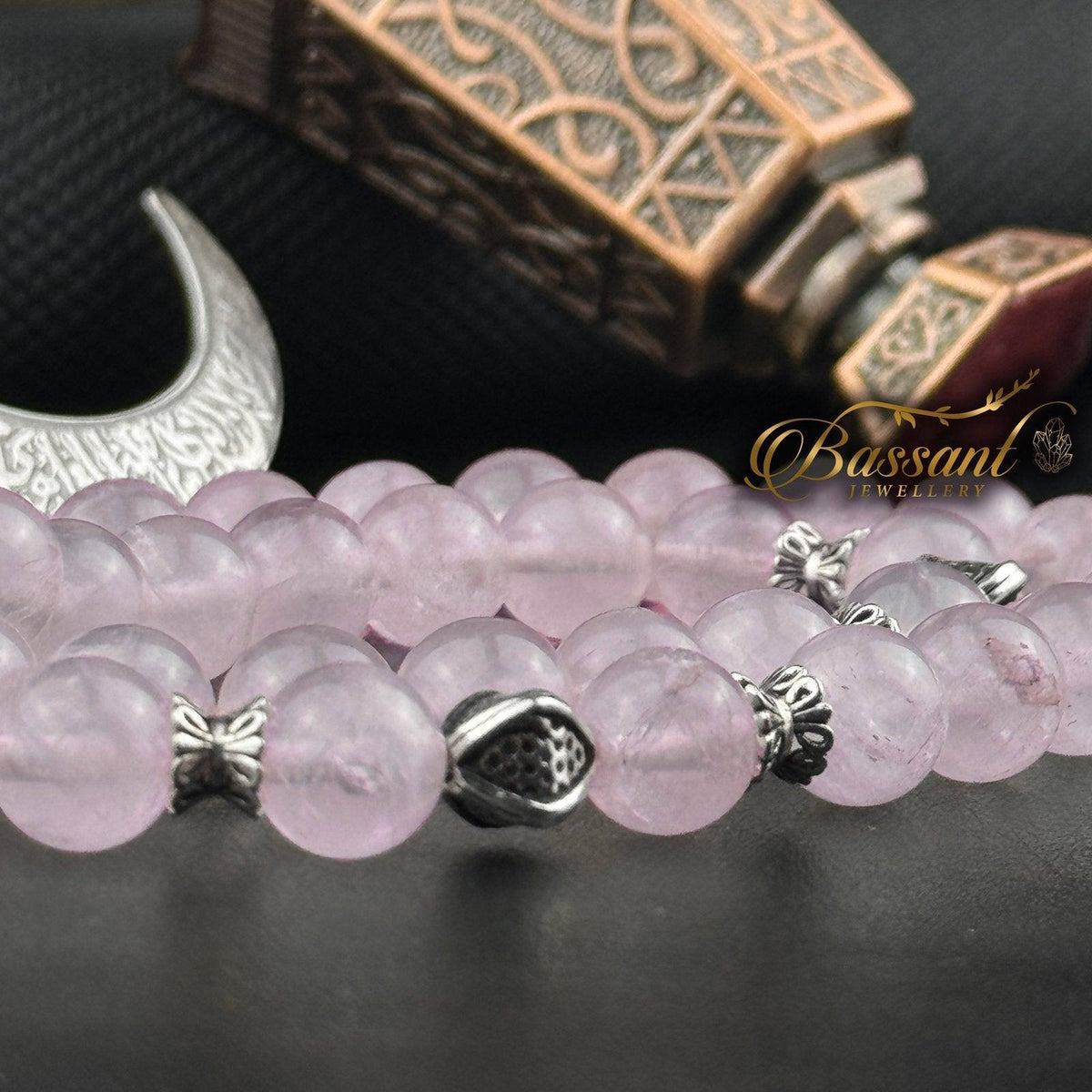 سبحة حجر كريم الكوارتز الوردي | أحجار كريمة و فضة عيار ٩٢٥ | Rose Quartz gemstone Islamic prayer beads - Silver 925 | Bassant Jewellery