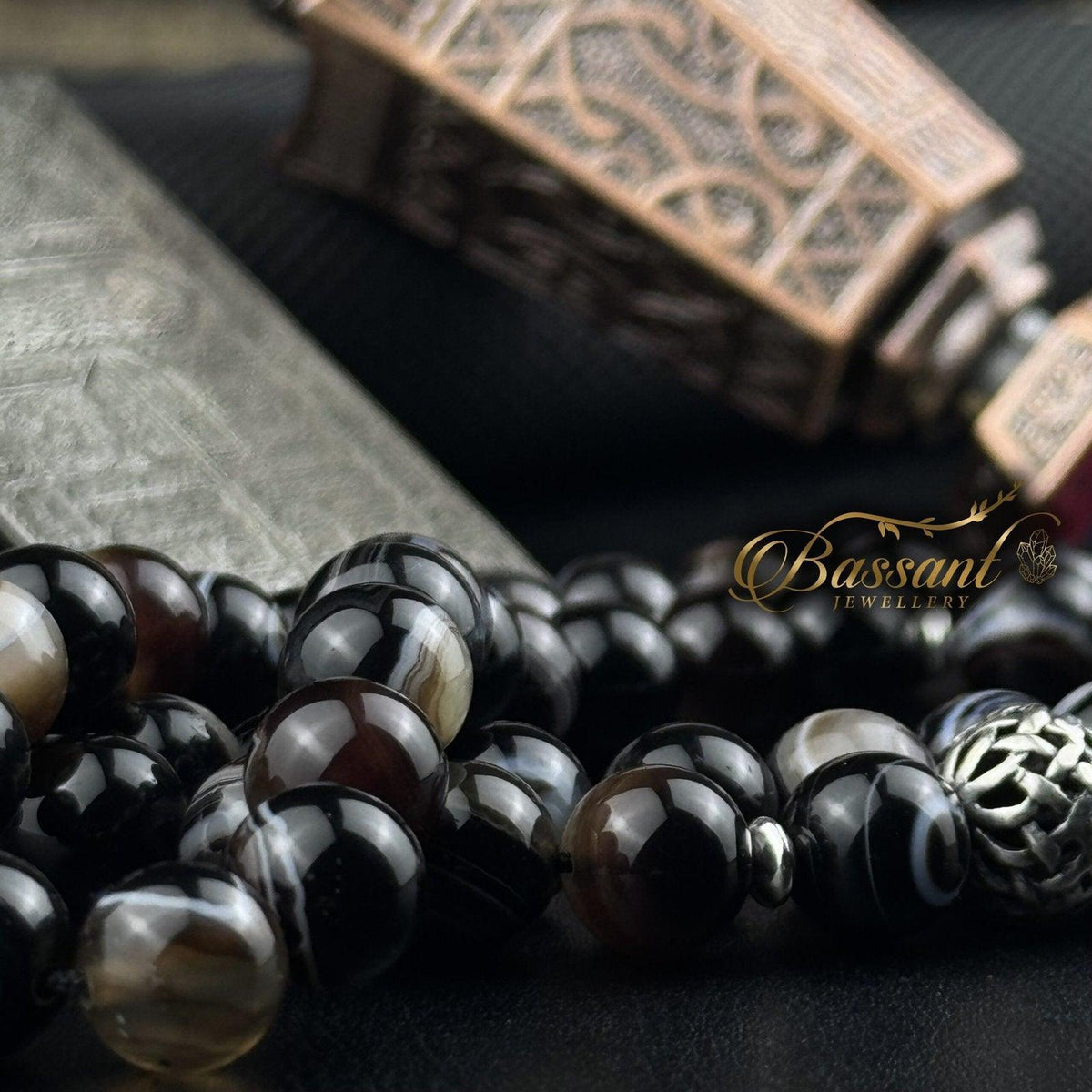 سبحة حجر كريم العقيق السليماني | أحجار كريمة و فضة عيار ٩٢٥ | Suleiman Agate gemstone Islamic prayer beads - Silver 925 | Bassant Jewellery