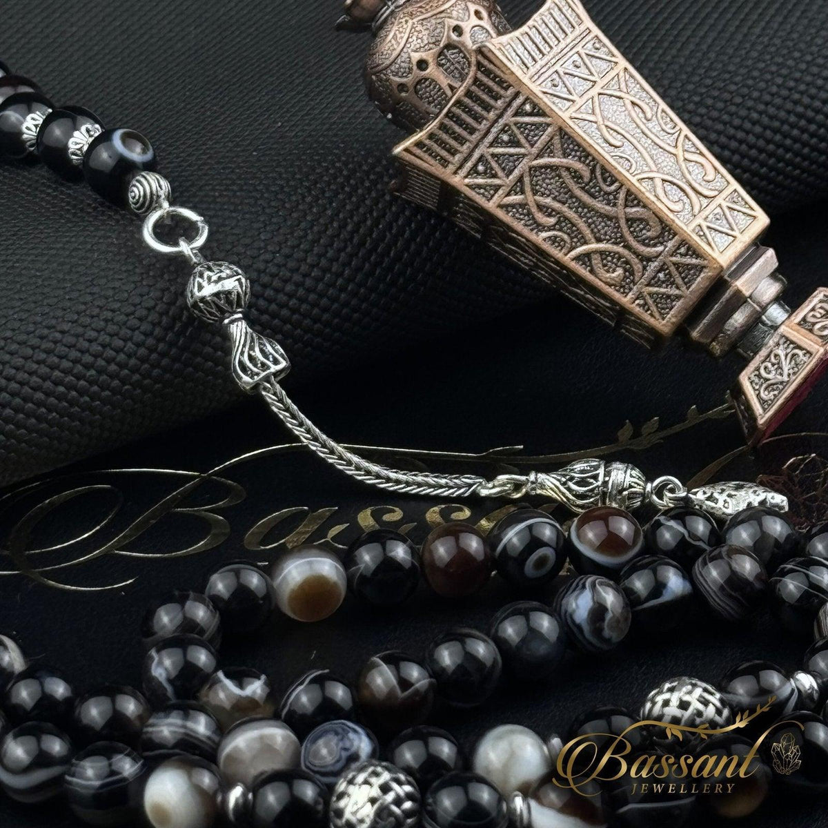سبحة حجر كريم العقيق السليماني | أحجار كريمة و فضة عيار ٩٢٥ | Suleiman Agate gemstone Islamic prayer beads - Silver 925 | Bassant Jewellery