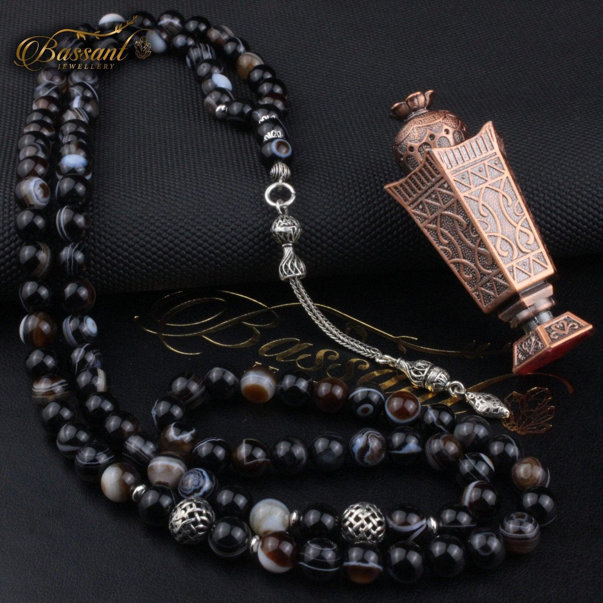 سبحة حجر كريم العقيق السليماني | أحجار كريمة و فضة عيار ٩٢٥ | Suleiman Agate gemstone Islamic prayer beads - Silver 925 | Bassant Jewellery