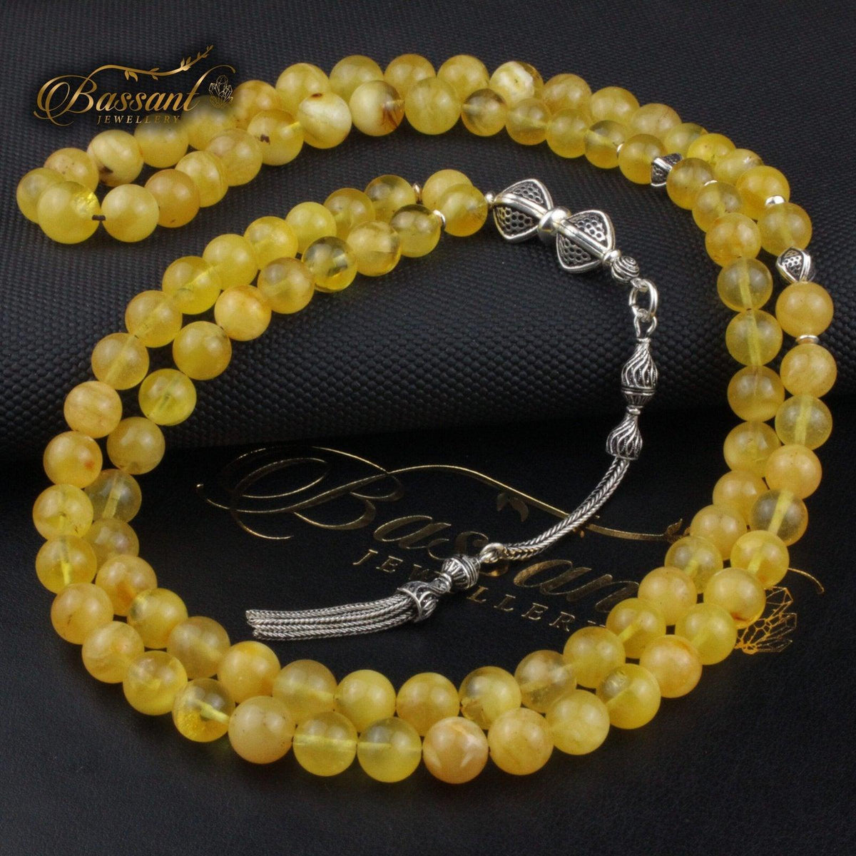 سبحة حجر كريم الكهرمان البلطيقي | أحجار كريمة و فضة عيار ٩٢٥ | Polish Baltic Amber gemstone Islamic prayer beads - Silver 925 | Bassant Jewellery