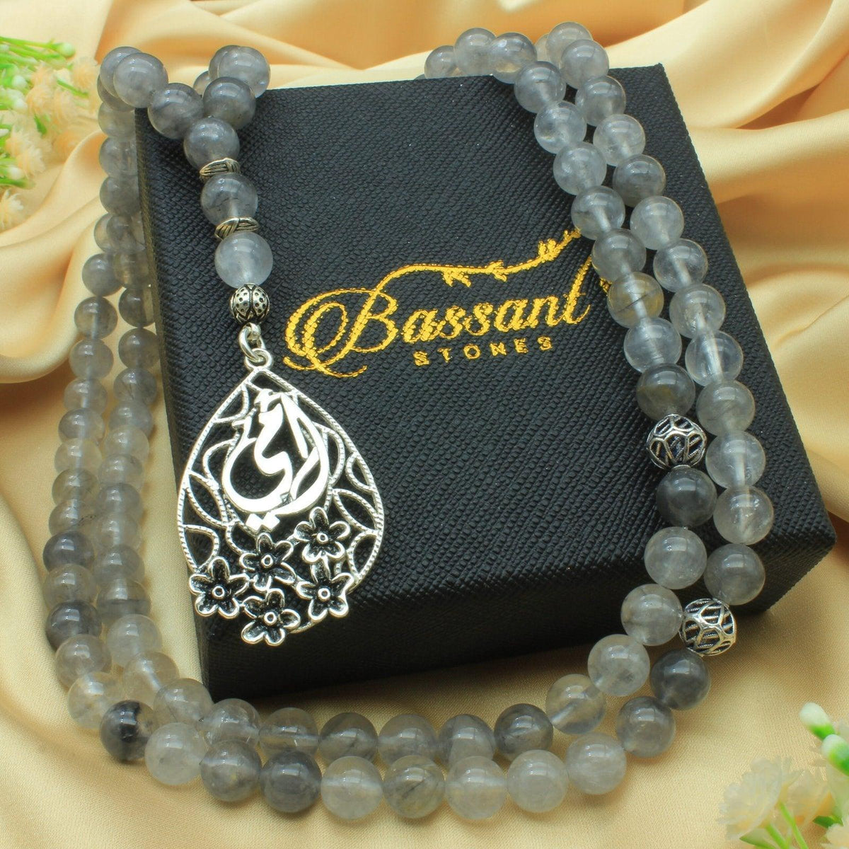 سبحة حجر كريم الكوارتز السحابي | أحجار كريمة و فضة عيار ٩٢٥ | Cloud Quartz gemstone Islamic prayer beads - Silver 925 | Bassant Jewellery