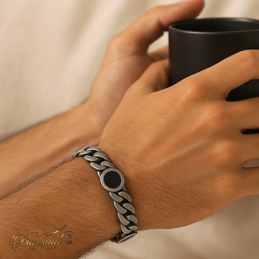 اسورة رجالي فضة عيار ٩٢٥ Onyx Twisted Chain | Onyx Twisted Chain Sterling Silver 925 Men's Bracelet | Bassant Jewellery
