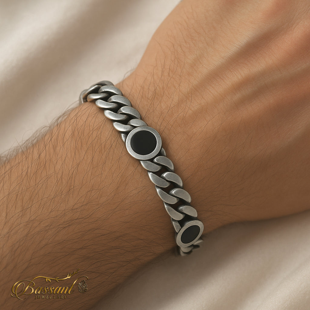 اسورة رجالي فضة عيار ٩٢٥ Onyx Twisted Chain | Onyx Twisted Chain Sterling Silver 925 Men's Bracelet | Bassant Jewellery