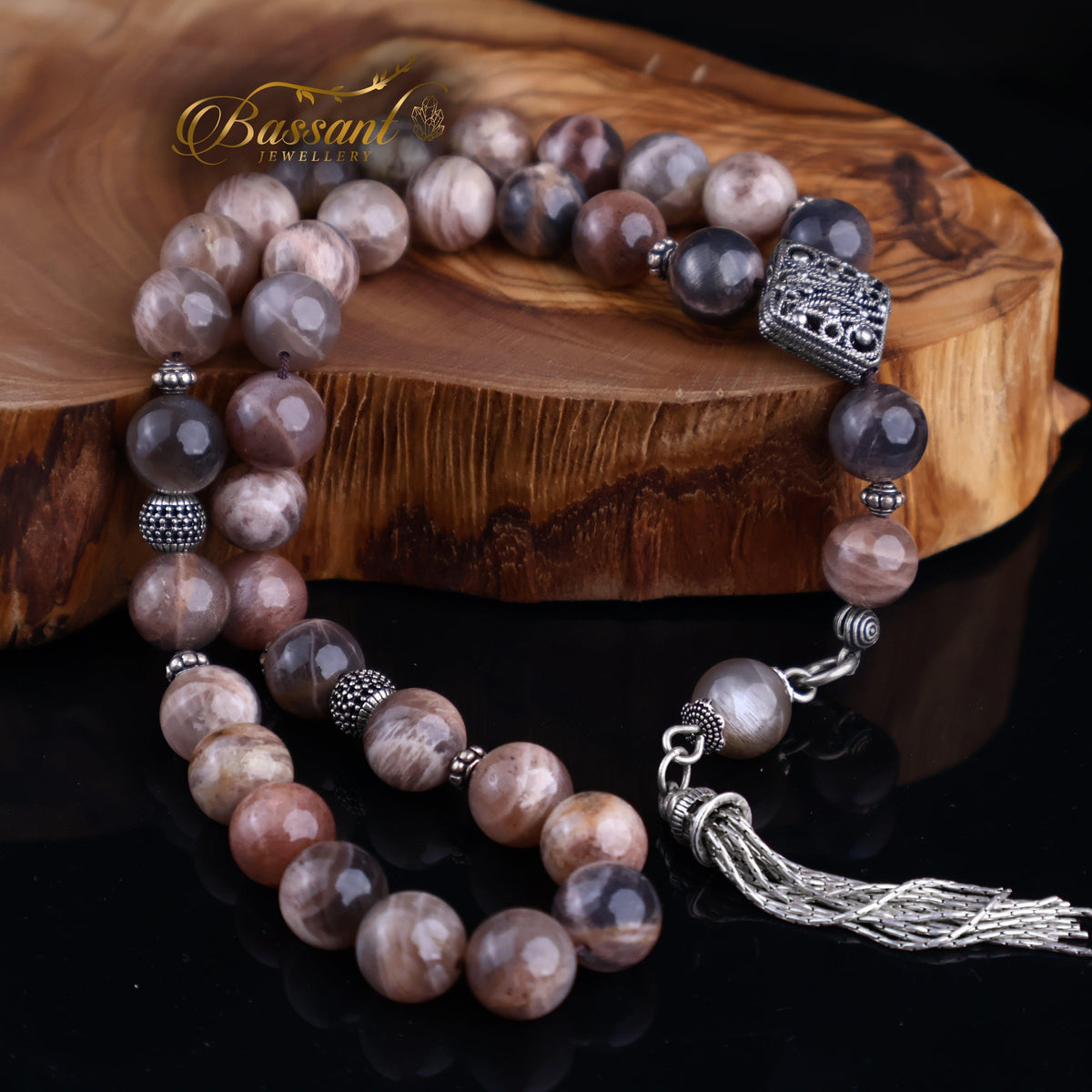 سبحة حجر كريم حجر القمر الموكا | أحجار كريمة و فضة عيار ٩٢٥ | Mocha Moonstone gemstone Islamic prayer beads - Silver 925 | Bassant Jewellery
