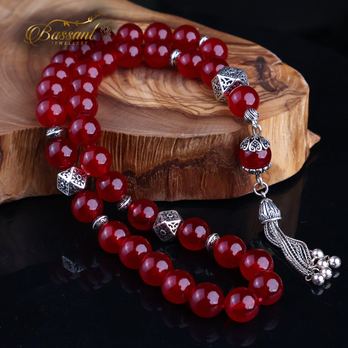 سبحة حجر كريم العقيق الأحمر | أحجار كريمة و فضة عيار ٩٢٥ | Red Agate gemstone Islamic prayer beads - Silver 925 | Bassant Jewellery