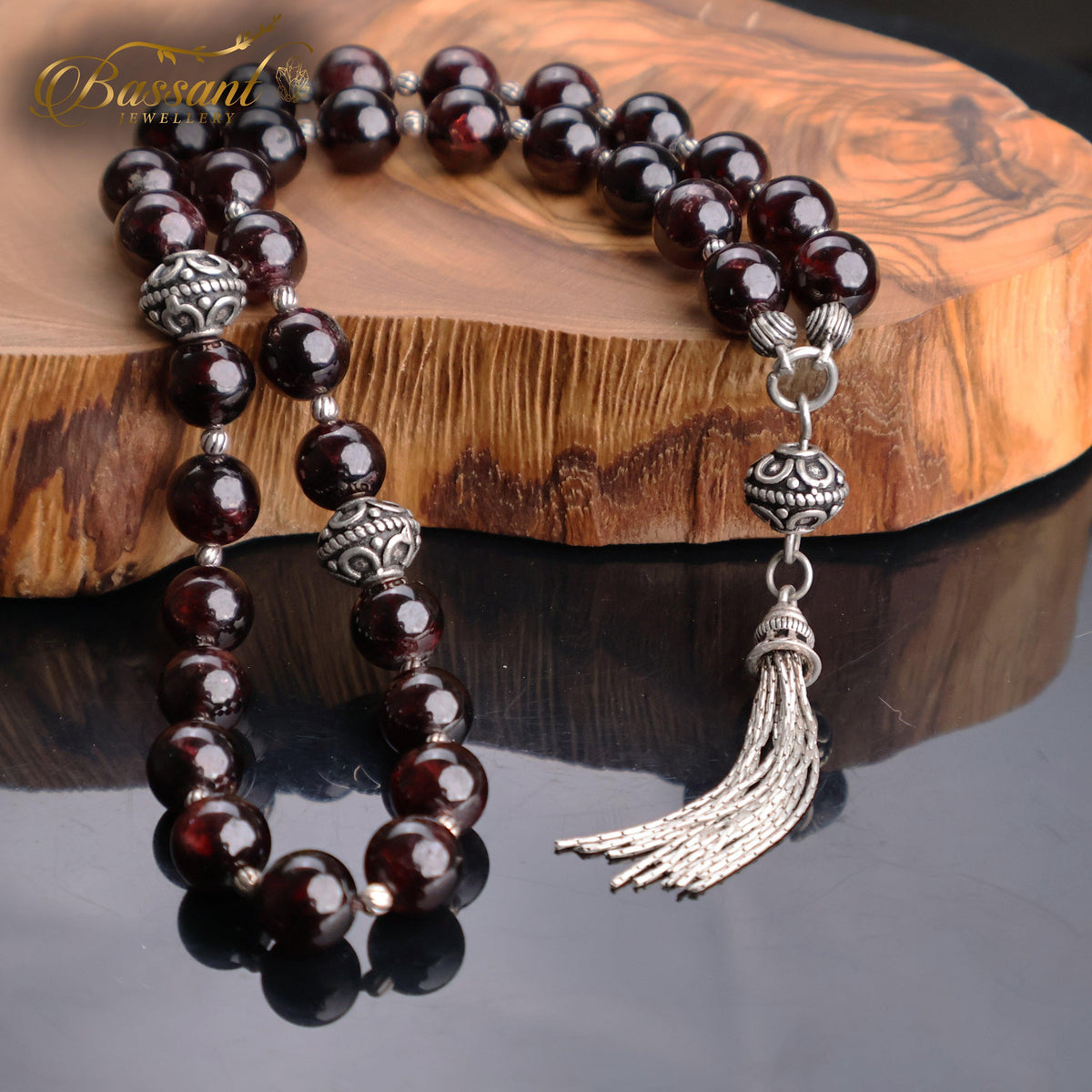 سبحة حجر كريم الجارنيت الألماندين | أحجار كريمة و فضة عيار ٩٢٥ | Almandine Garnet gemstone Islamic prayer beads - Silver 925 | Bassant Jewellery