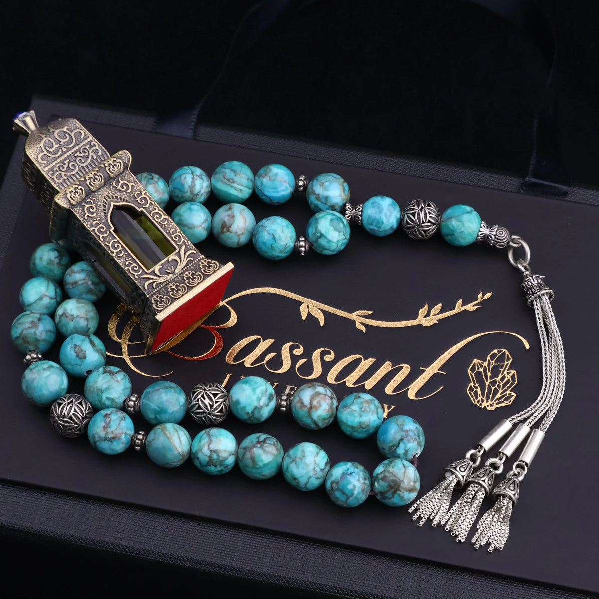 سبحة حجر كريم الفيروز الأفريقي | أحجار كريمة و فضة عيار ٩٢٥ | African Turquoise gemstone Islamic prayer beads - Silver 925 | Bassant Jewellery