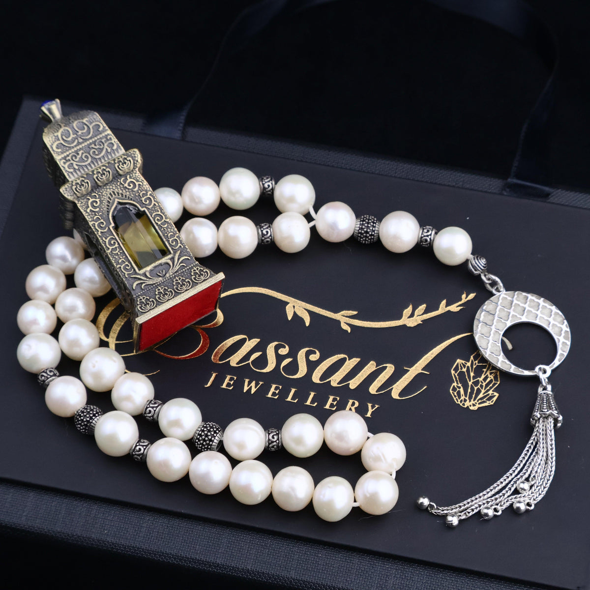 سبحة حجر كريم اللؤلؤ | أحجار كريمة و فضة عيار ٩٢٥ | Pearl gemstone Islamic prayer beads - Silver 925 | Bassant Jewellery