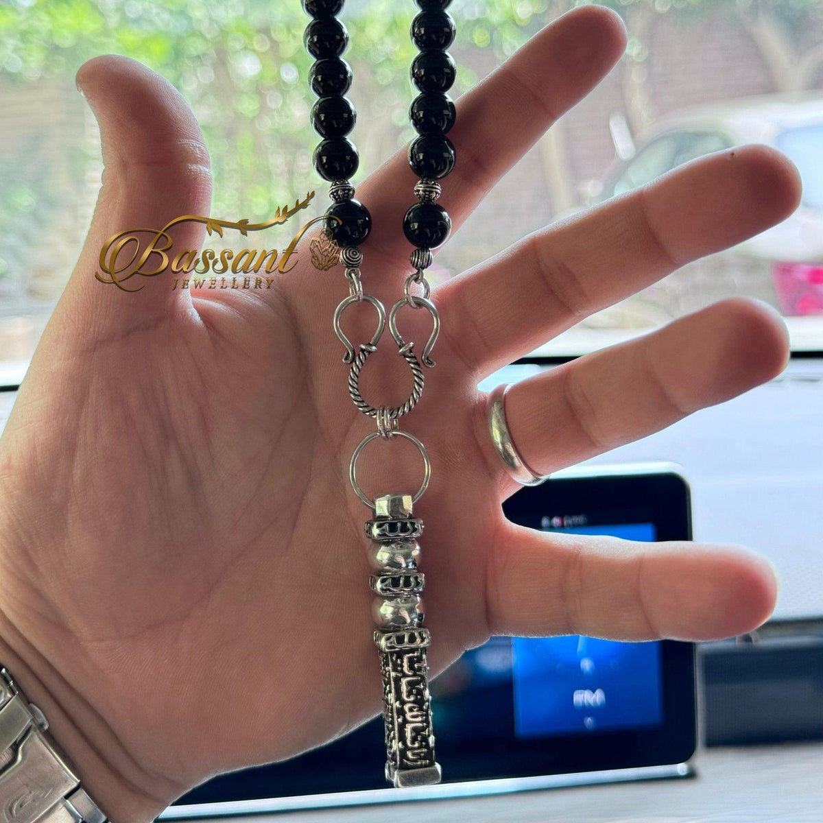 تعليقة مراية العقيق الأسود أونكس أحجار كريمة وفضة عيار ٩٢٥ | Black Agate-Onyx Gemstone Mirror Hanging Silver 925 | Bassant Jewellery