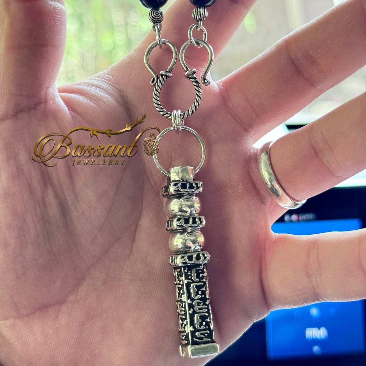 تعليقة مراية العقيق الأسود أونكس أحجار كريمة وفضة عيار ٩٢٥ | Black Agate-Onyx Gemstone Mirror Hanging Silver 925 | Bassant Jewellery