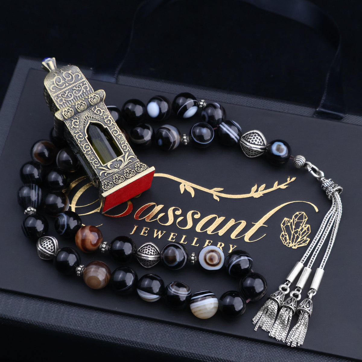 سبحة حجر كريم العقيق السليماني | أحجار كريمة و فضة عيار ٩٢٥ | Suleiman Agate gemstone Islamic prayer beads - Silver 925 | Bassant Jewellery